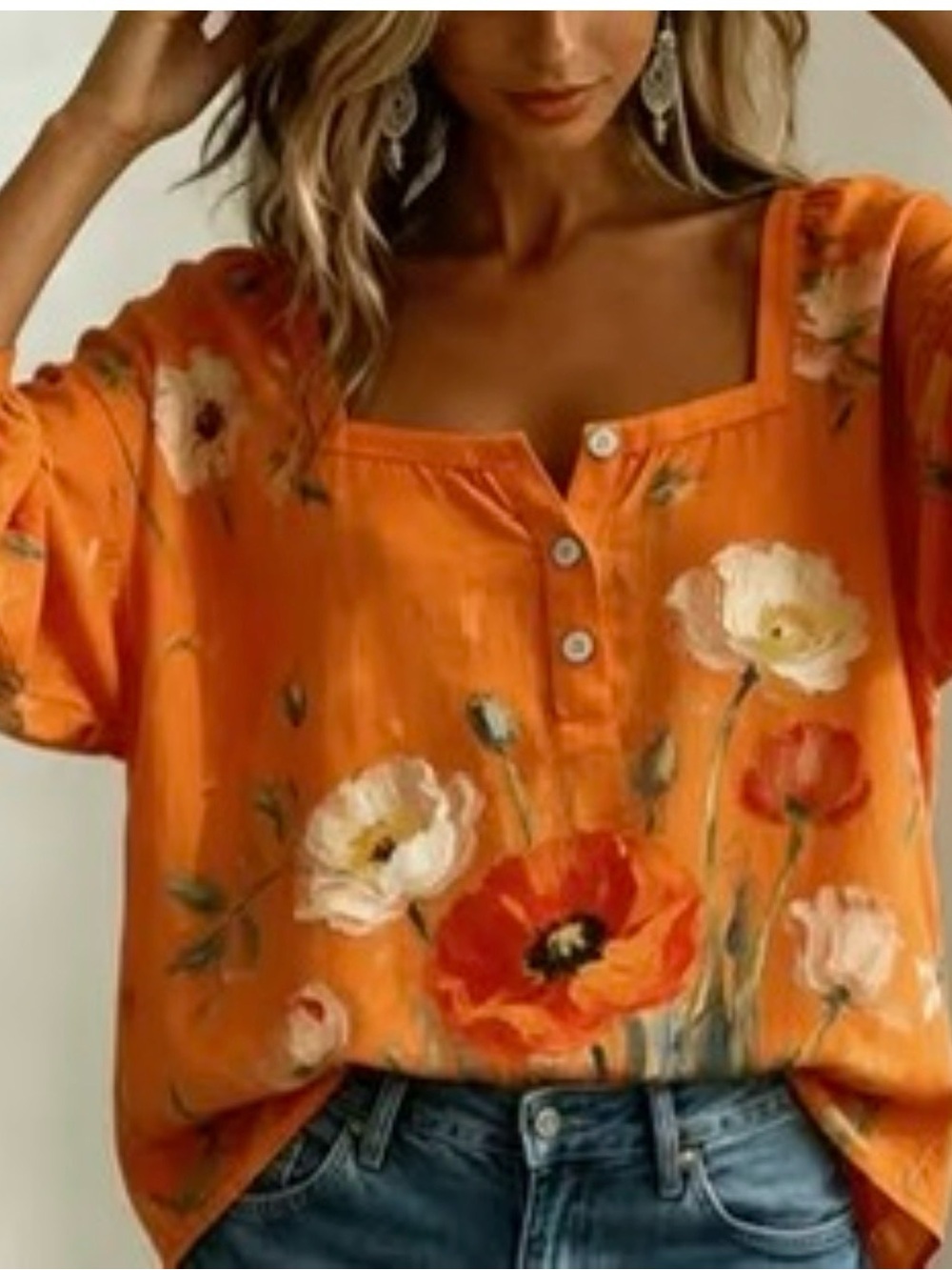 Women’s Orange Floral Button-Front Square Neck Top